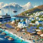 A realistic, high definition image that depicts the implementation of sustainable tourism strategies in the Greek Islands. The scene includes solar panels and wind turbines dotting the landscape for renewable energy, electric ferries docking on the island for efficient transportation, local goods being promoted in quaint markets instead of imported ones to boost the local economy, eco-friendly lodging options with green roofs, and tourists participating in cleanup activities at the beautiful beaches. The backdrop showcases the iconic white buildings and cobalt blue domes characteristic of the region, all complementing the crystal clear seas and sunny blue sky.