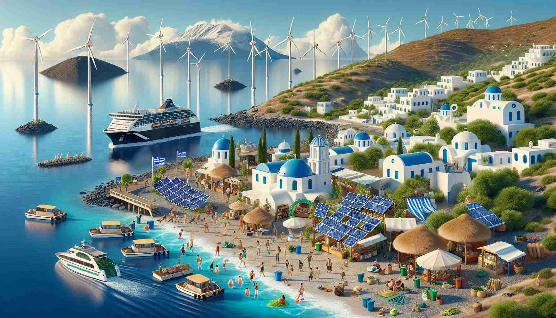 A realistic, high definition image that depicts the implementation of sustainable tourism strategies in the Greek Islands. The scene includes solar panels and wind turbines dotting the landscape for renewable energy, electric ferries docking on the island for efficient transportation, local goods being promoted in quaint markets instead of imported ones to boost the local economy, eco-friendly lodging options with green roofs, and tourists participating in cleanup activities at the beautiful beaches. The backdrop showcases the iconic white buildings and cobalt blue domes characteristic of the region, all complementing the crystal clear seas and sunny blue sky.