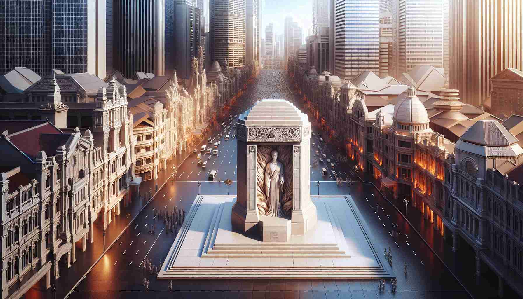 An image depicting an unveiling of a Monument of Remembrance in striking high-definition realism. The monument is centrally located in the bustling city, surrounded by prominent cityscape features such as towering skyscrapers, historic buildings, and bustling streets. It's daytime, and the sky overhead is bright blue, while sunlight is gleaming off the polished stone of the monument. The monument itself is intricately carved and emanates a profound sense of honor and respect, paying tribute to the past while standing tall in the heart of progress and urban growth.