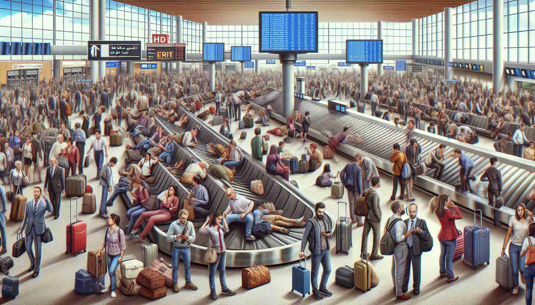 An HD photo depicting an overcrowded airport, with travelers scrambling across the terminal. The scene reflects the chaos of a technical glitch causing delays and cancellations. Men and women of various descents including Caucasian, Black, Hispanic, Middle-Eastern, and South Asian are looking worried, checking phones and laptops for updates. Signs and screens around the airport are displaying error messages. Baggage carousels are stalled, luggage scattered around them. Flight attendants and ground staff of different genders and descents are trying to manage the situation, communicating with passengers and colleagues.