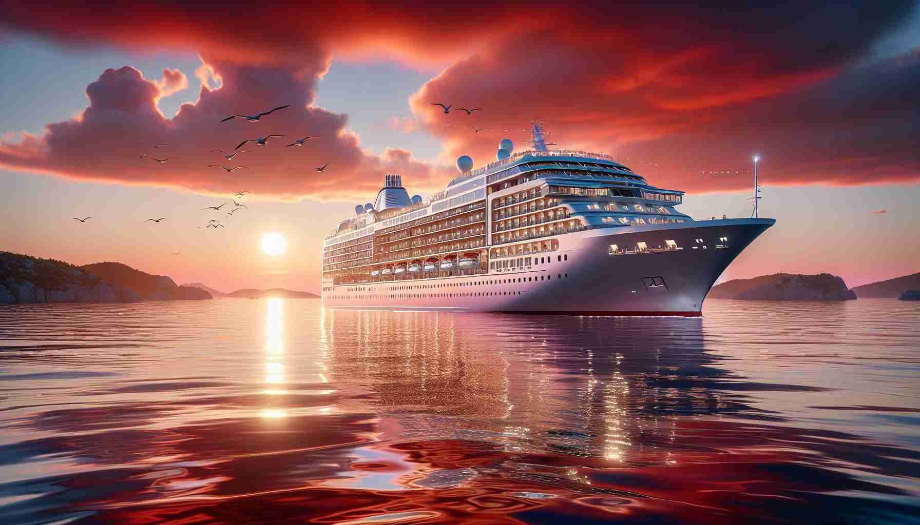 Render a realistic, high-definition image of a picturesque, memorable cruise ship journey. The ship should be majestically sailing on the shimmering sea against a backdrop of a crimson sunset. Visible should be the luxury details of the ship, perhaps with people of different genders and descents enjoying their time on deck. Add touches like distant islands or seagulls flying to enhance the sense of an unforgettable journey.