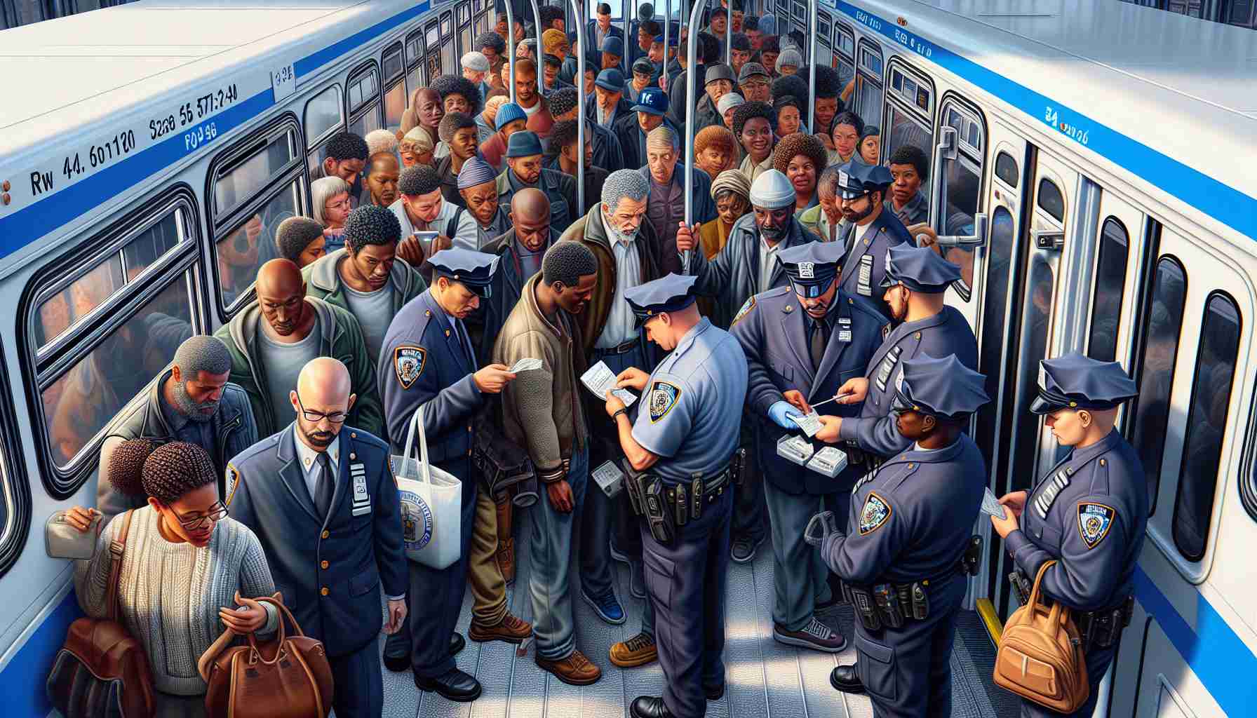 A detailed, high-definition image showcasing an increase in enforcement against fare evasion on New York City buses. The scene shows a diverse range of passengers, both male and female from various descents like Black, Caucasian, Hispanic, and Middle-Eastern, being closely monitored by uniformed officers as they board a city bus. Tickets are being inspected and some passengers are being handed fines. The bus exhibits common NYC bus characteristics, like its recognizable blue and white color scheme and the bustling city life surrounding it. It's a bustling day, enhancing the vibrancy of the city life.