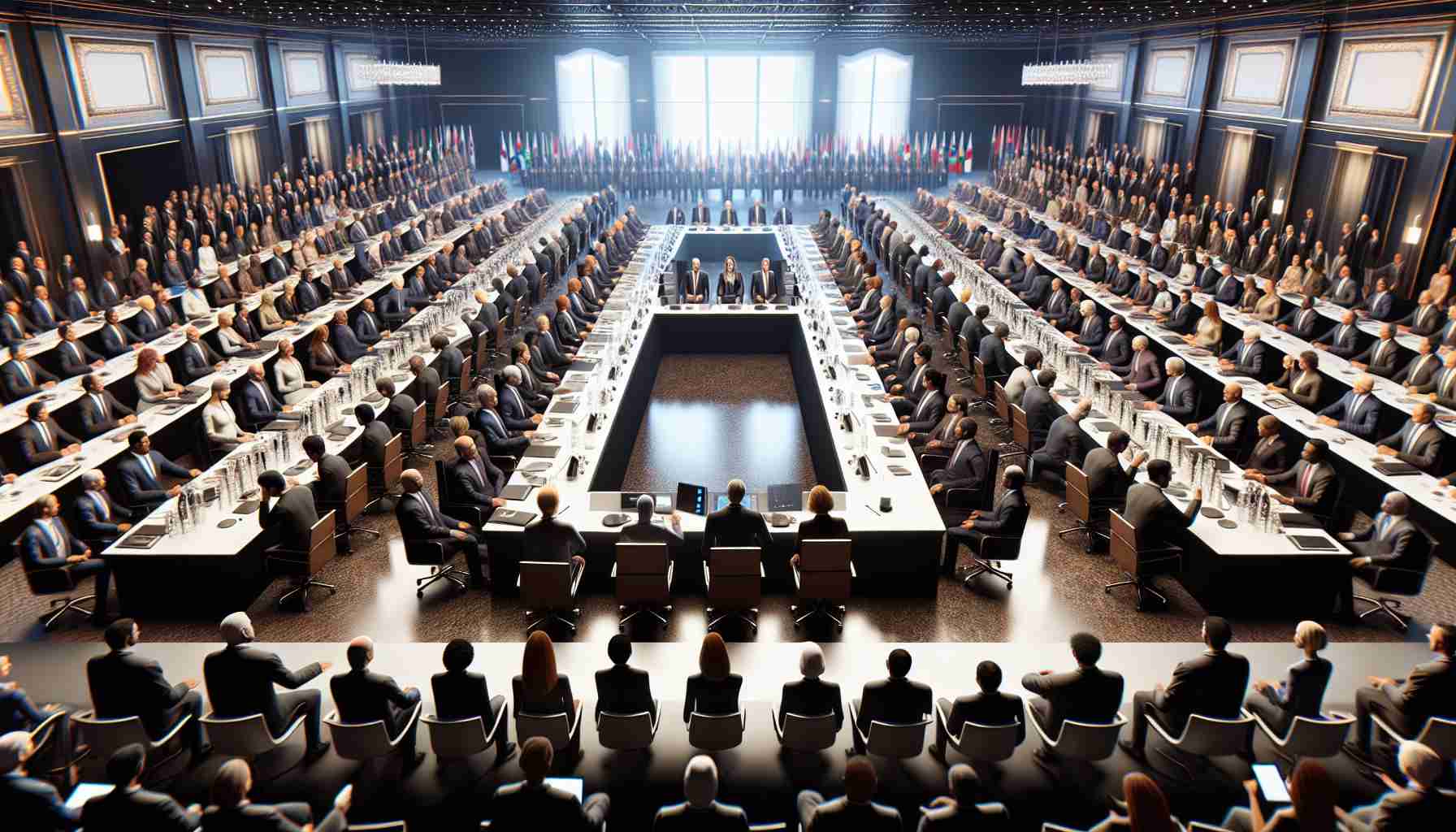 An ultra high-definition, realistic digital rendering of a global summit. Imagine a grand conference room filled with many leaders from various industries, all gathered together for a significant meeting. Some participants are engrossed in serious discussion, while others are socializing more casually. There may be a variety of people: Middle-Eastern women in business attire, South Asian men in traditional wear, and Caucasian men and women in a mix of casual and formal dress. Sprinkle in some black leaders in sleek suits and ties. The atmosphere is thick with anticipation. The room is well lit and lavishly furnished, denoting the import of this convergence of leaders.