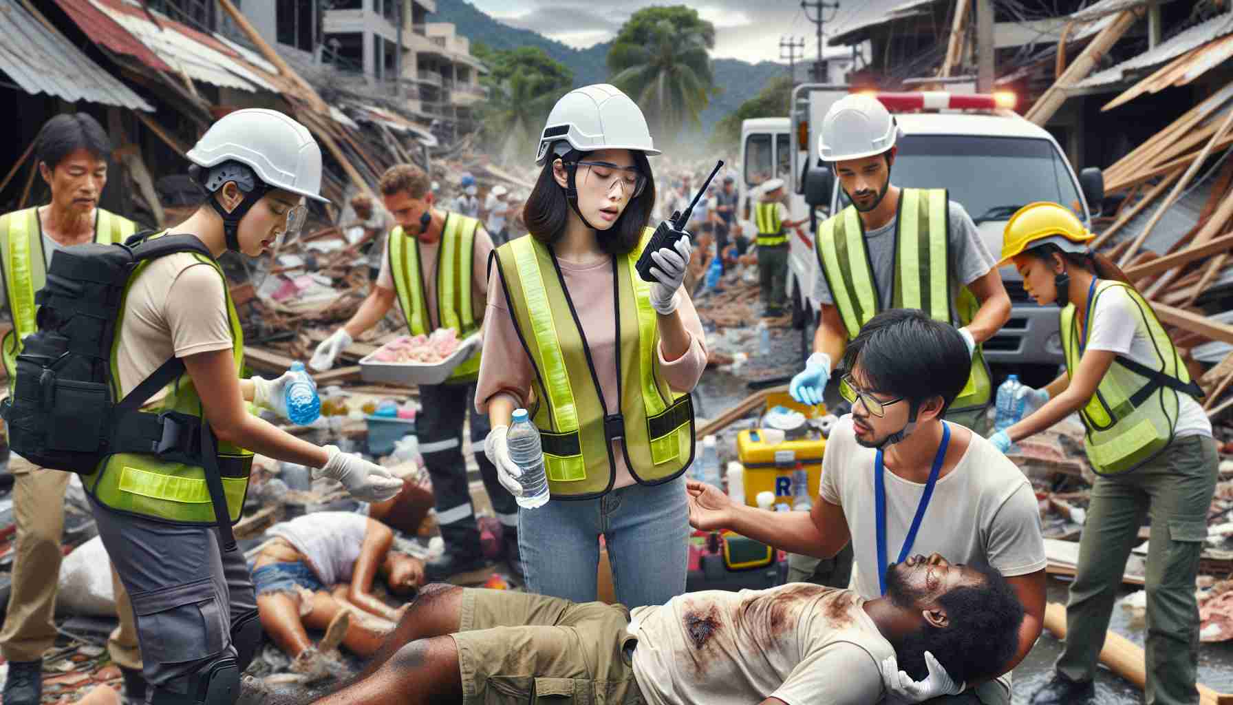 High-definition image depicting communal efforts in the face of a natural disaster. The scene includes an Asian woman coordinating rescue operations with a walkie-talkie, a Caucasian man providing first aid to an injured person, and a Black woman distributing food and water. All of them are wearing reflective vests and helmets, indicative of their emergency response roles. The background showcases the aftermath of the disaster, possibly an earthquake or flood, with damaged infrastructure but signs of rehabilitation as well. Addition visible elements are relief vehicles, volunteers carrying supplies and people of varied demographics extending their help.