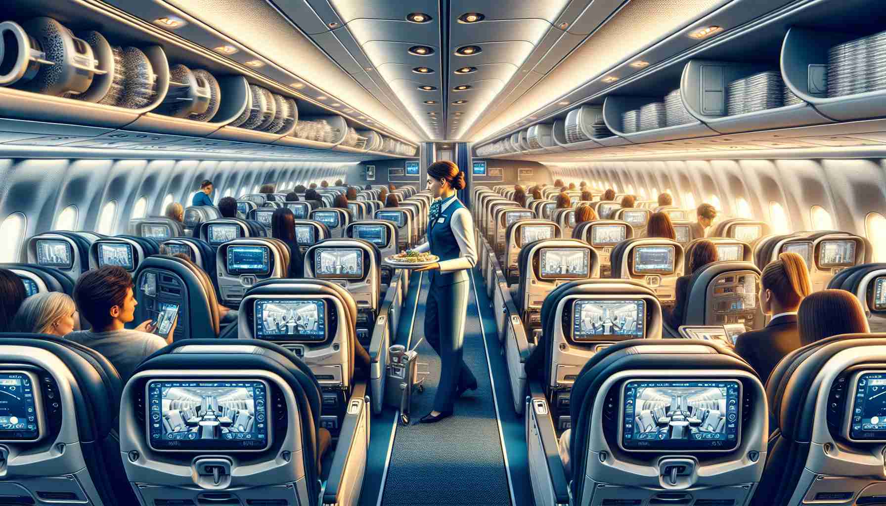 A highly detailed, realistic image capturing the essence of innovative changes in airline experience introduced by a popular, non-specific Southwestern airline. Show the cabin interior filled with advanced technology and visible inflight services like state-of-the-art entertainment systems, ergonomic seating, and improved cabin lighting. Air stewards, of various DESCENTS and GENDER, are assisting content travelers, reflecting the upgraded customer service paradigm.