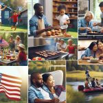 A high-definition, realistic image capturing diverse and unique ways people celebrate Labor Day. In one scene, a Hispanic family is hosting a lively barbeque party in their backyard - children are running around playing while the adults are grilling. In another, a group of Asian friends are on a hiking trip, waving U.S. flags. Elsewhere, a Caucasian couple is enjoying a boat ride on a tranquil lake. A Black woman is captured reading labor-related literature in a cosy home environment, reflecting on the significance of the day. Each depiction exudes joy, respect and gratitude towards workers' contributions.