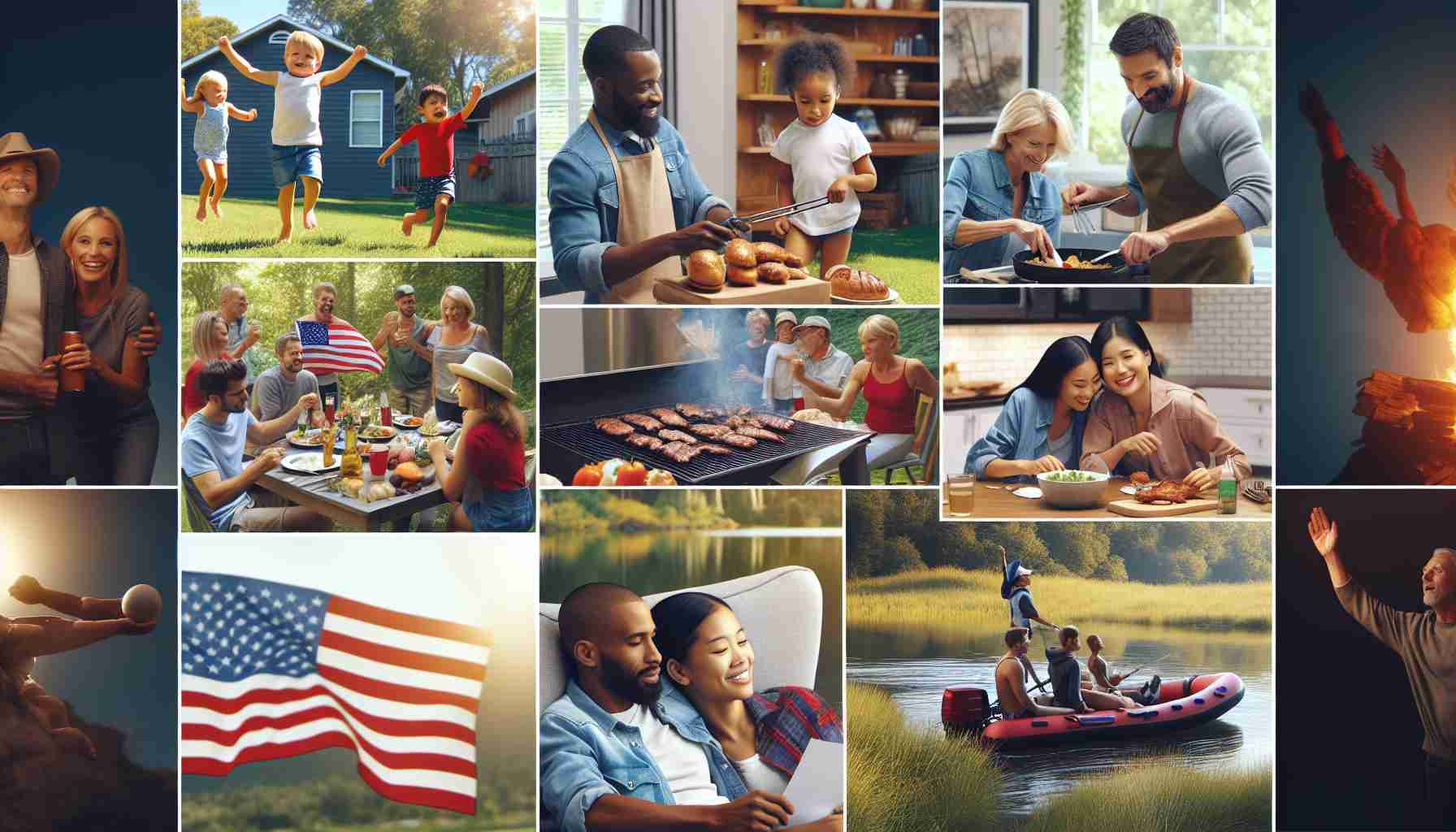 A high-definition, realistic image capturing diverse and unique ways people celebrate Labor Day. In one scene, a Hispanic family is hosting a lively barbeque party in their backyard - children are running around playing while the adults are grilling. In another, a group of Asian friends are on a hiking trip, waving U.S. flags. Elsewhere, a Caucasian couple is enjoying a boat ride on a tranquil lake. A Black woman is captured reading labor-related literature in a cosy home environment, reflecting on the significance of the day. Each depiction exudes joy, respect and gratitude towards workers' contributions.