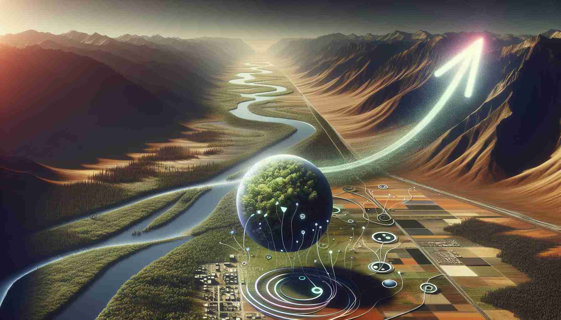 A high-definition and realistic visual representation showcasing the metaphor of 'Expanding Horizons'. It's like a vast landscape quickly transforming; forests springing up in plains, rivers carving through mountains, and new cities blossoming. In the corner, a stylized circle growing bigger and enveloping smaller circles, representing an entity acquiring and integrating smaller entities (Oyo's strategic acquisition).