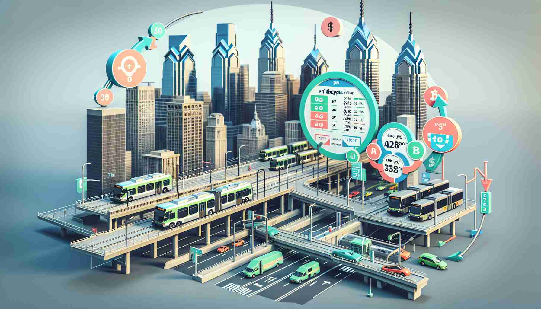 Generate a realistic, high-definition image, representing the proposed changes to transit fares within the city of Philadelphia. The image should have components representing various modes of transit, such as buses, trains, and trams, with visual indications of the changes in fares, possibly using arrows and comparison charts.