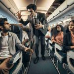 Portray an intense scene taking place within an airplane cabin. We see an unruly adult passenger of Caucasian descent disrupting the peace. In response, a South Asian female flight attendant bravely and professionally handles the situation. Further, show other diverse passengers - a Hispanic man and Middle Eastern woman looking on with concern. The airplane interior must be highly detailed to match a contemporary commercial flight - with seats, overhead compartments and aircraft safety features. The image should be of high-definition and realistic style.