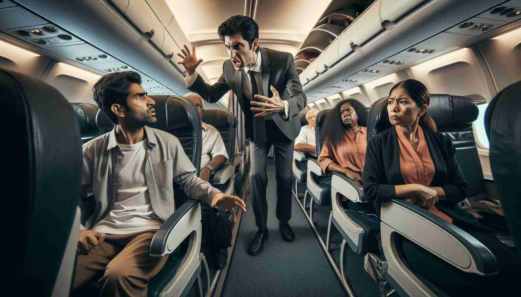 Portray an intense scene taking place within an airplane cabin. We see an unruly adult passenger of Caucasian descent disrupting the peace. In response, a South Asian female flight attendant bravely and professionally handles the situation. Further, show other diverse passengers - a Hispanic man and Middle Eastern woman looking on with concern. The airplane interior must be highly detailed to match a contemporary commercial flight - with seats, overhead compartments and aircraft safety features. The image should be of high-definition and realistic style.