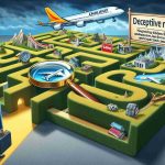 An image accurately representing the concept of navigating deceptive practices in airline rewards programs. The scene features a detailed and intricate maze filled with various obstacles symbolizing hidden clauses and unexpected conditions. Located at the entrance of the maze is a person just about to step in, equipped with a magnifying glass and a map, symbolizing careful scrutiny and strategy. The end of the maze is visible, promising enticing rewards such as an airplane and luxury vacations, depicted in bright and attractive colors creating a stark contrast with the complex path leading towards it.