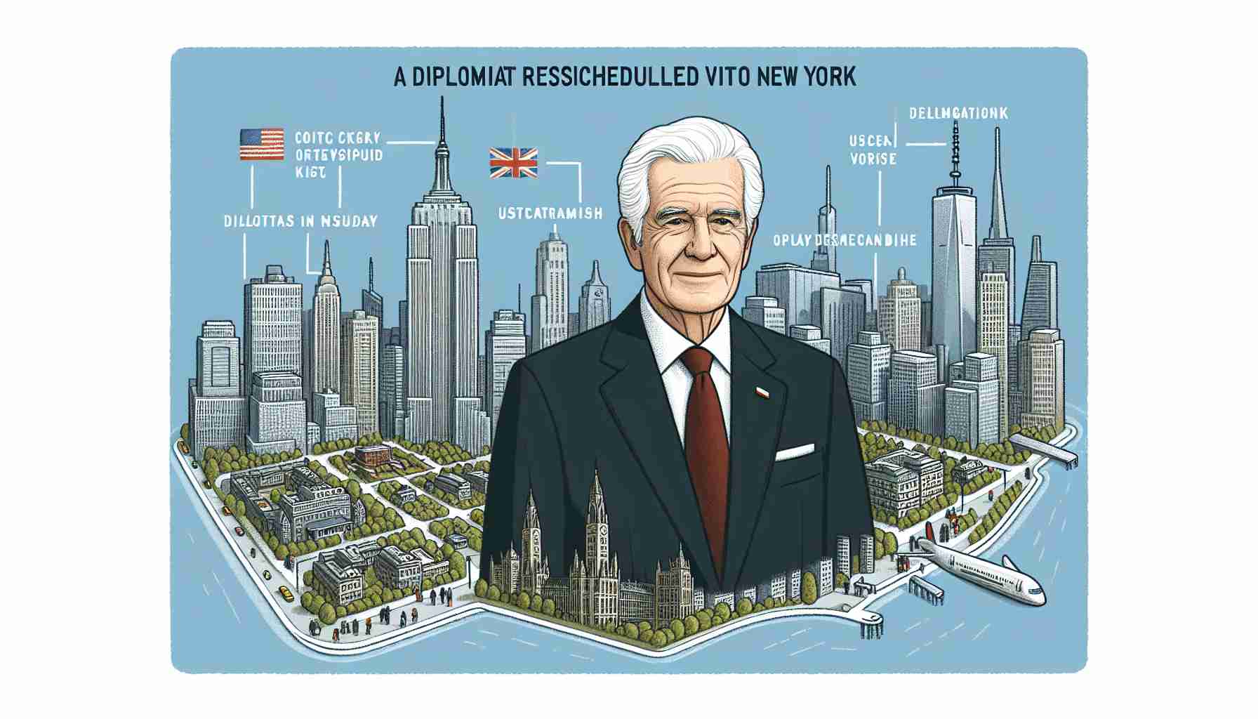 Detailed depiction of a diplomat's rescheduled visit to New York city, showcasing city's landmarks and the activities usually involved in such visits. The diplomat is an older man with white hair, wearing a dark suit.