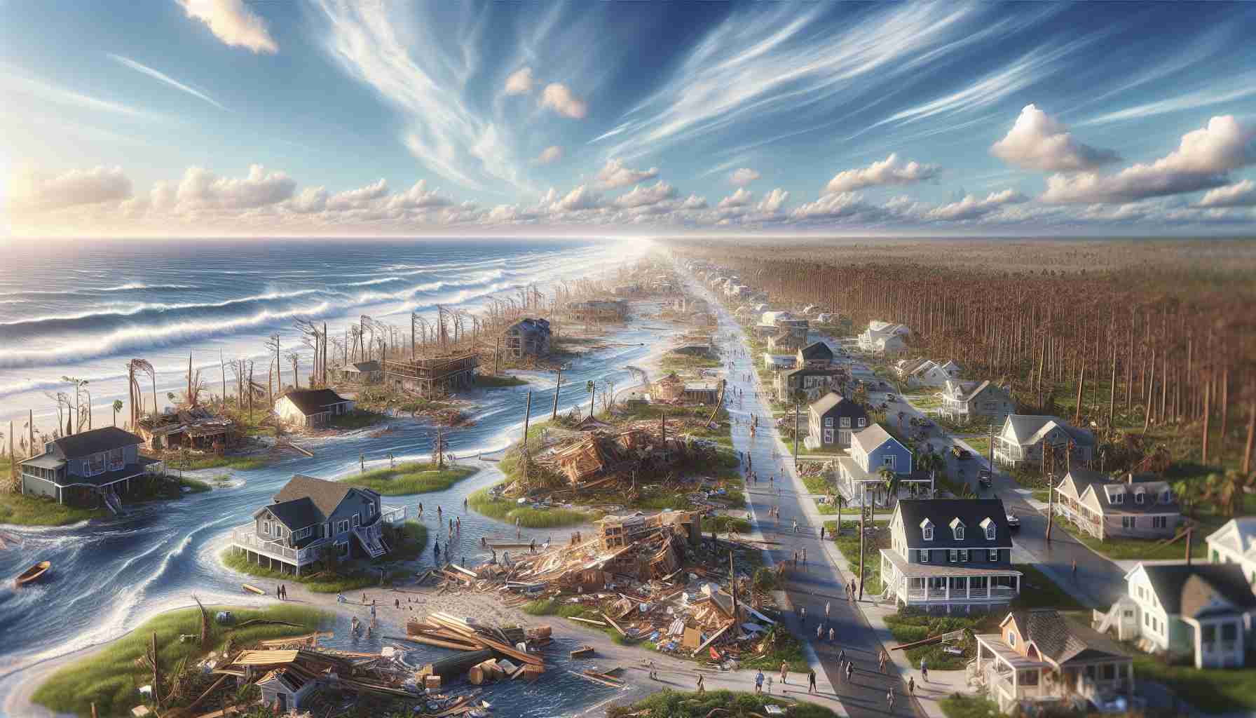 Generate a high-definition, realistic picture of a coastal town that is showing strong signs of recovery after a severe storm. Picture a landscape filled with homes and businesses displaying resilience in the face of natural disaster. Visualize buildings and parks undergoing renovation, new plants growing and replacing each fallen tree, and people of all descents and genders working heartily to reconstruct their community while the bright sun shines overhead, casting hopeful light on the town's future. Waves crash against the shore indicating that life is returning to normal in this picturesque coastal community.