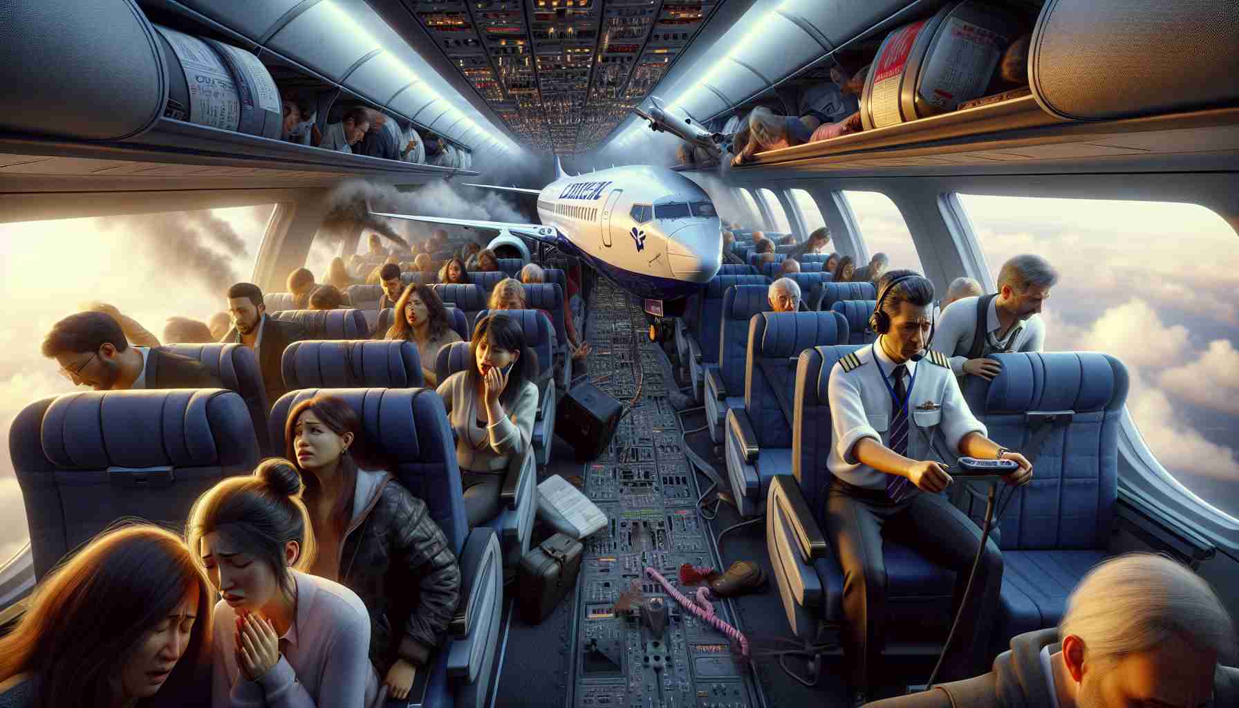 Realistically detailed, high-definition image of an ambiguous event causing an emergency landing of a commercial flight traveling from New York to Miami. The scene shows the aircraft making an urgent descent, with passengers inside reacting to the situation. The pilot, a South Asian female, and the co-pilot, a Middle Eastern male, are seen remaining calm and maneuvering the plane safely. Also portray passengers of diverse descent and genders showing varying emotions - some praying, some comforting children, and others preparing for the potentially turbulent landing.