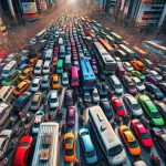 Generate a hyper-realistic, high-definition scene of a major traffic chaos affecting commuters. The scene should depict a wide variety of vehicles like cars, buses and motorcycles stuck in a gridlock on a bustling city street during peak hour. This panoramic view should capture the stress and gridlock from an aerial point of view, highlighting the overcrowded roads, the inability of vehicles to move, the frustration of the drivers inside the cars and the general state of disarray. Colors should be vivid and sharp, capturing the urgency and tension of the scene.