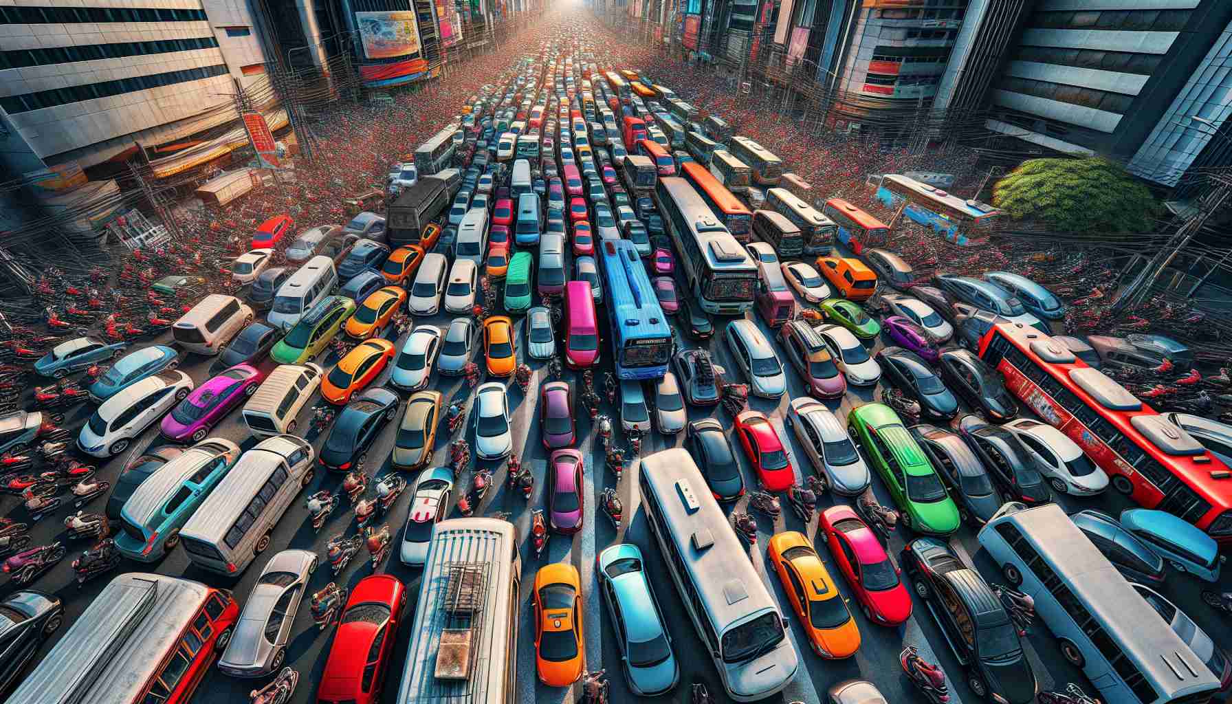 Generate a hyper-realistic, high-definition scene of a major traffic chaos affecting commuters. The scene should depict a wide variety of vehicles like cars, buses and motorcycles stuck in a gridlock on a bustling city street during peak hour. This panoramic view should capture the stress and gridlock from an aerial point of view, highlighting the overcrowded roads, the inability of vehicles to move, the frustration of the drivers inside the cars and the general state of disarray. Colors should be vivid and sharp, capturing the urgency and tension of the scene.