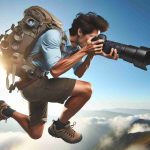 Generate a realistic HD image showcasing a photo enthusiast, who is mid-air while taking a photo. This person is a Hispanic male, holding a professional DSLR camera with a wide lens, perfectly capturing the feeling of gravity-defying motion. He should be wearing a light-blue shirt, dark khaki shorts, hiking shoes and a backpack filled with photography equipment. The background should be a bright clear blue sky on a sunny day, denoting the high altitude.