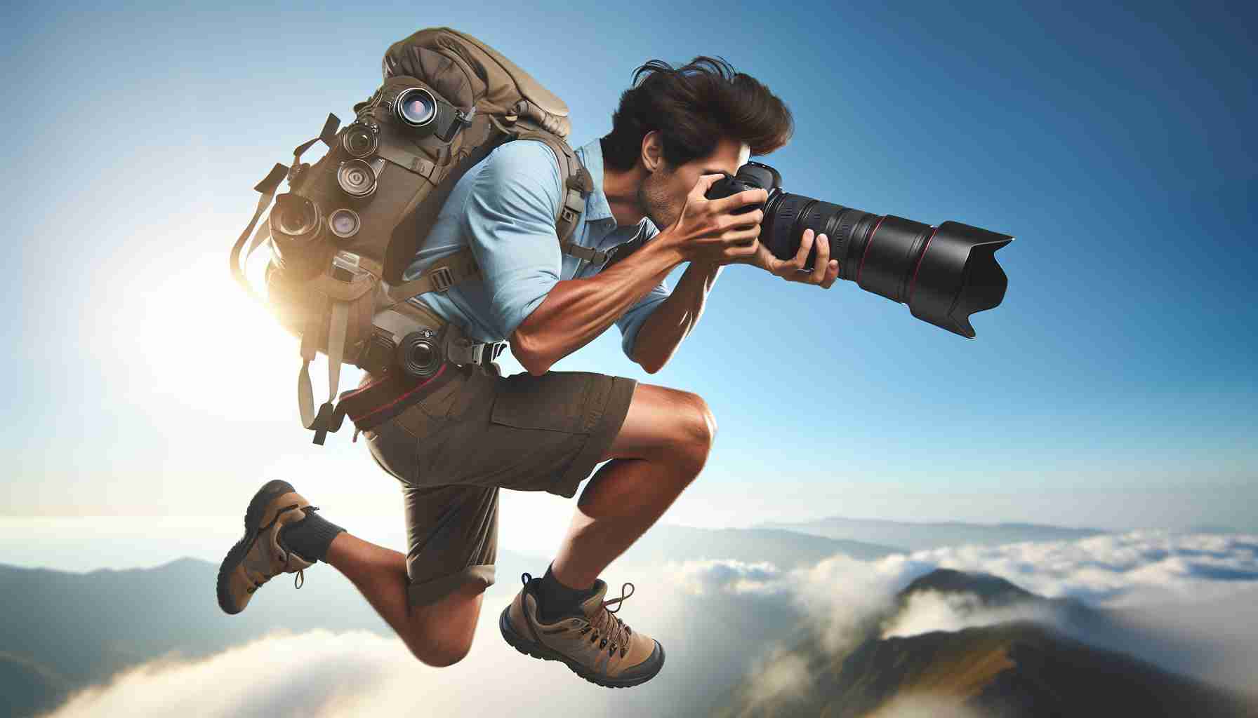 Generate a realistic HD image showcasing a photo enthusiast, who is mid-air while taking a photo. This person is a Hispanic male, holding a professional DSLR camera with a wide lens, perfectly capturing the feeling of gravity-defying motion. He should be wearing a light-blue shirt, dark khaki shorts, hiking shoes and a backpack filled with photography equipment. The background should be a bright clear blue sky on a sunny day, denoting the high altitude.