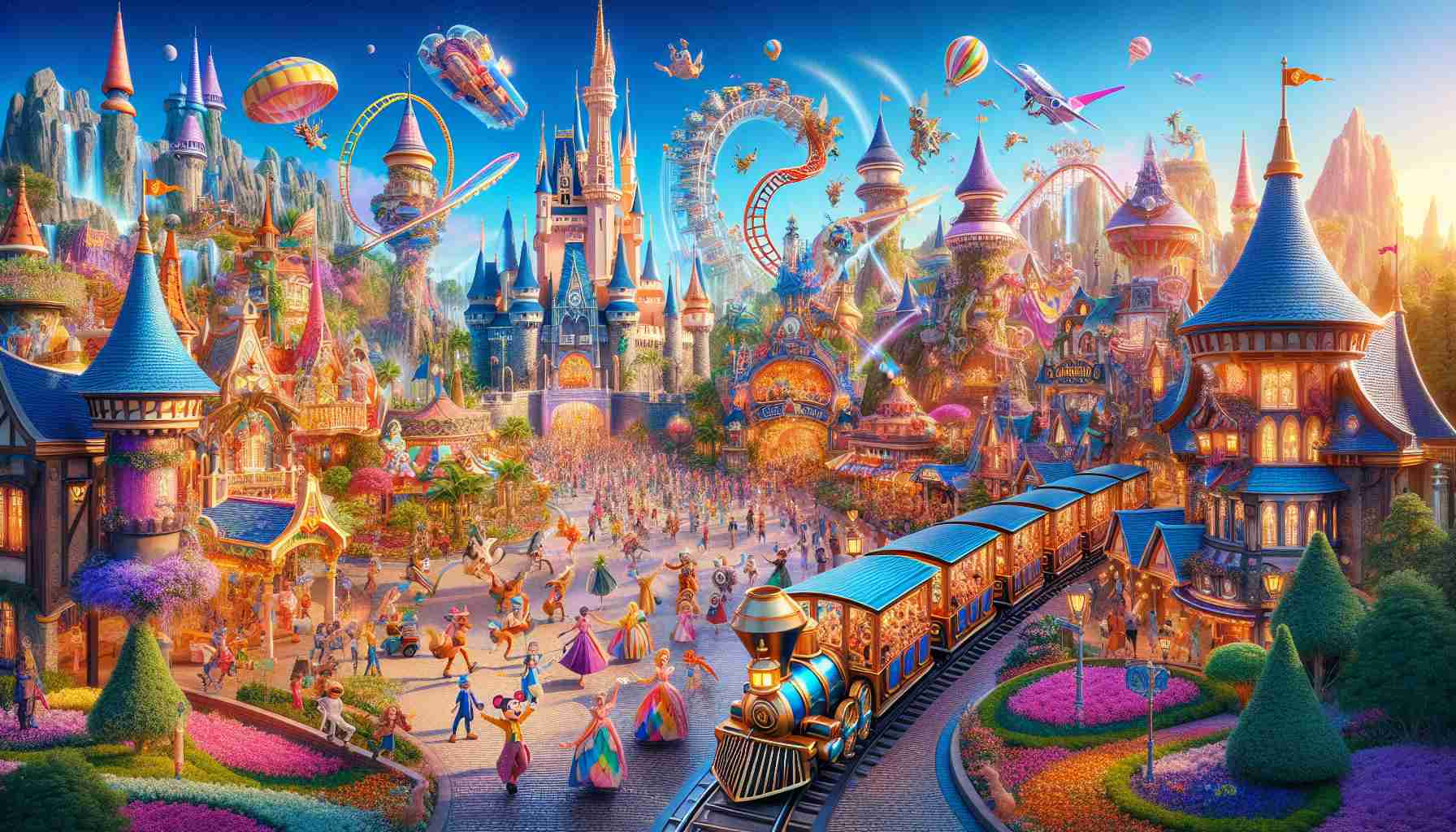 High definition image of an adventure-filled amusement park with magical themed areas. There are towering castles, charming horse-drawn streetcars, vibrant colorful gardens, thrilling roller coasters, joyous parades with whimsical characters and strolling performers. Everywhere you look there is something fantastic to explore, from pirate-infested Caribbean coves to outer space landscapes, offering an extraordinary journey into the wild imagination.