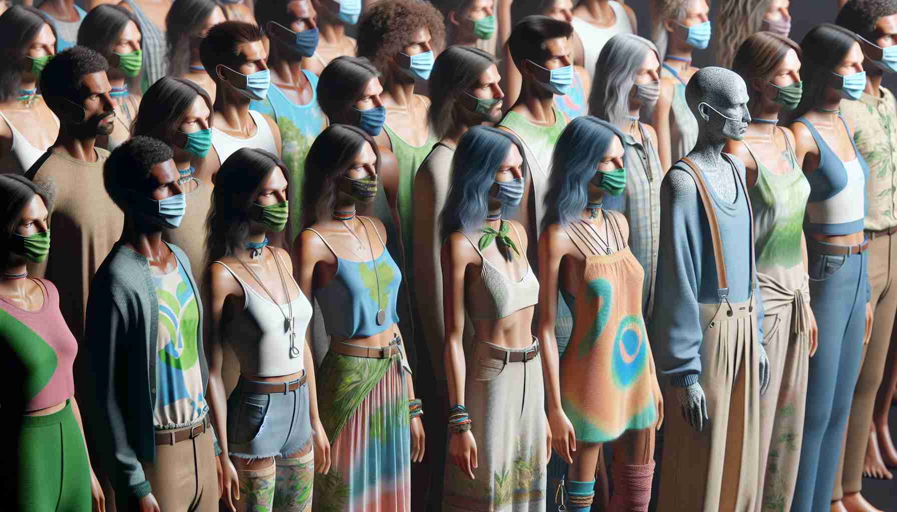 High definition, realistic rendering of new sustainable fashion trends for the year 2022. The image should incorporate a mix of gender and descent in a balanced fashion. It should display an array of clothing styles that are environmentally conscious and sustainable. The clothing must be evocative of the latest trends in sustainable fashion for the year 2022.