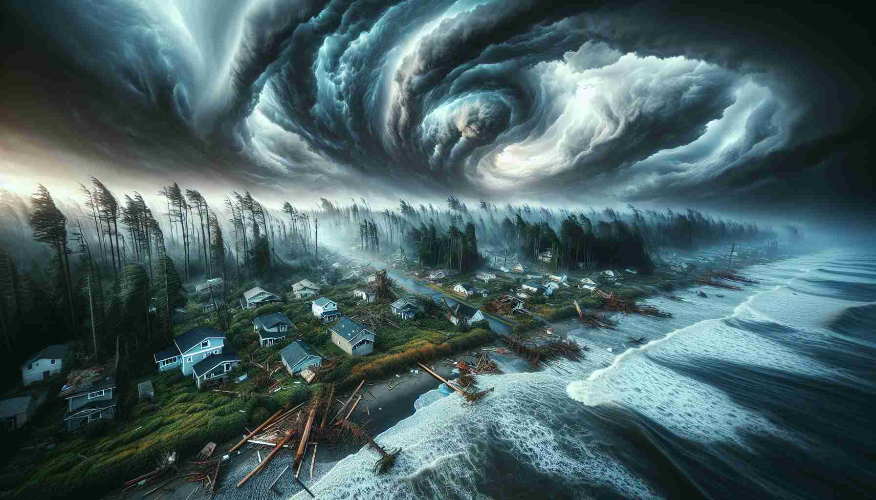 Generate a high-definition, realistic image showcasing the impact of a powerful storm, reminiscent of Hurricane Helene, on coastal communities. The scene should depict turbulent sky with dark clouds, extreme ocean waves, and substantial wind forces leading to visible damage such as fallen trees, damaged houses and debris scattered throughout the forested residential area beside the shoreline.