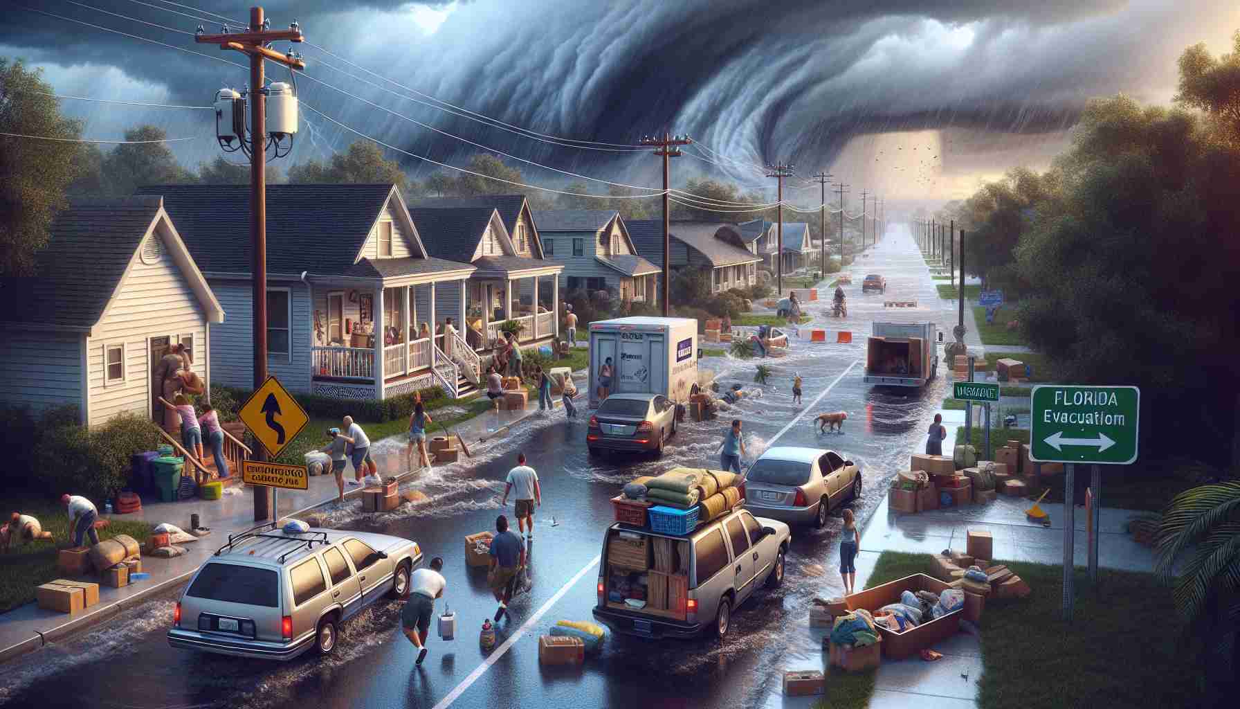 Create a realistic, high-definition image of a scene depicting an urgent situation in Florida due to a coming hurricane threat. The image should capture the anticipatory tension of the moment. Show people boarding up their homes in preparation, cars packed with belongings, and road signs displaying evacuation routes. The weather fluctuates from calm to stormy, embodying the unpredictability of the impending natural disaster. The sky is overcast, imbued with shades of dark gray and deep blue, hinting at the approaching storm. Also, portray a diverse cross section of the Florida population taking necessary precautions, reflecting gender and racial diversity.