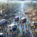 A high-definition, realistic image showcasing the continuation of recovery efforts in the aftermath of a severe storm. The scene should depict teams of rescuers and volunteers, consisting of people of various races and genders. They are busy clearing up the debris, repairing power lines, and providing aid to the affected families. The backdrop reveals severe weather damage like fallen trees, damaged homes, roads strewn with debris, and vehicles turned upside down. Despite the devastation, signs of hope, such as a clear blue sky beyond the storm clouds and people helping each other, are visible.