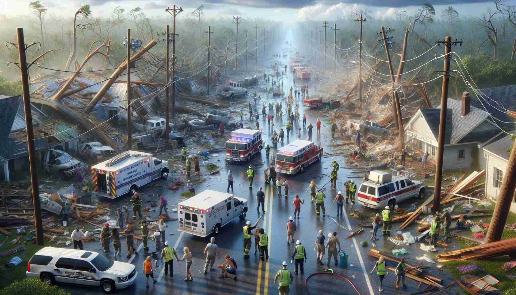 A high-definition, realistic image showcasing the continuation of recovery efforts in the aftermath of a severe storm. The scene should depict teams of rescuers and volunteers, consisting of people of various races and genders. They are busy clearing up the debris, repairing power lines, and providing aid to the affected families. The backdrop reveals severe weather damage like fallen trees, damaged homes, roads strewn with debris, and vehicles turned upside down. Despite the devastation, signs of hope, such as a clear blue sky beyond the storm clouds and people helping each other, are visible.