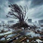 High-definition, realistic picture capturing the aftermath of a significant hurricane, named Celina. The image should portray the immense power of nature and resulting devastation, with uprooted trees, damaged buildings, flooded roads, torn street signs, and other debris scattered around. Also, capture the intense weather conditions characterized by overcast skies, wind-whipped rain, and the unruly sea.