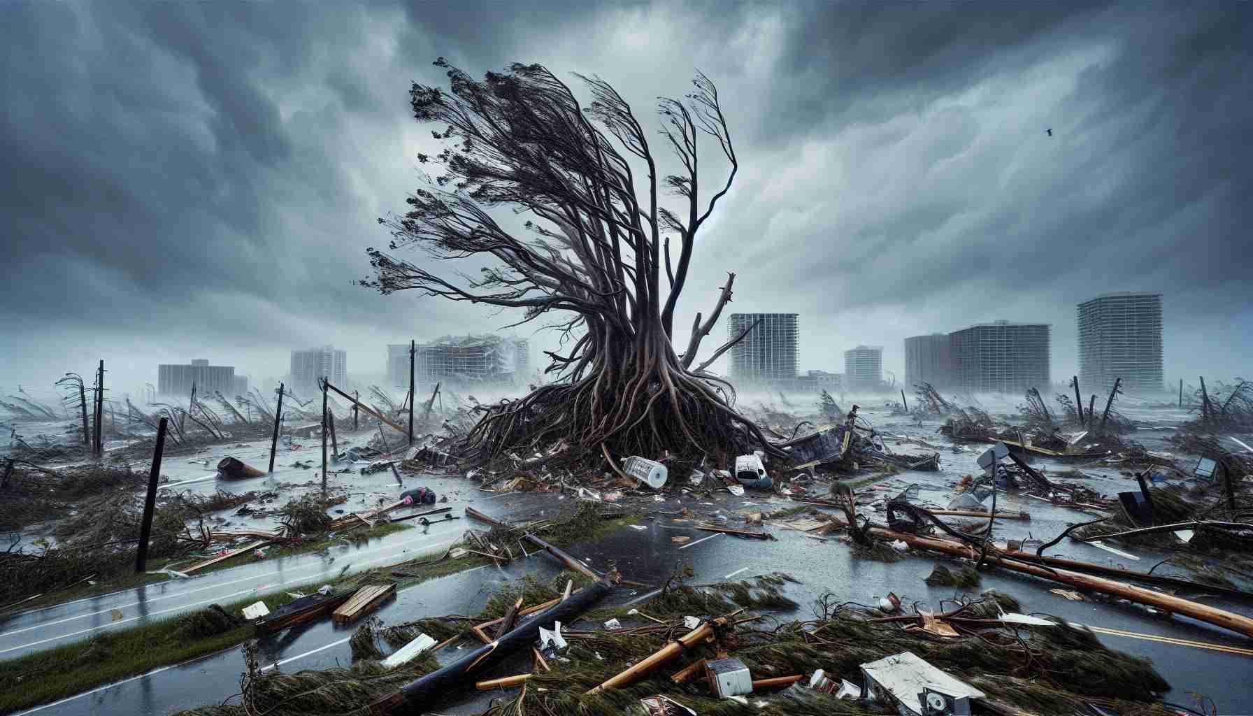 High-definition, realistic picture capturing the aftermath of a significant hurricane, named Celina. The image should portray the immense power of nature and resulting devastation, with uprooted trees, damaged buildings, flooded roads, torn street signs, and other debris scattered around. Also, capture the intense weather conditions characterized by overcast skies, wind-whipped rain, and the unruly sea.