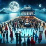 Create a realistic, high-definition image depicting a night to remember on a unique theme cruise experience. Include diverse crowd of people, each representing different genders and descents like Caucasian, Hispanic, Black, Middle-Eastern, and South Asian equally, all dressed in themed outfits, enjoying the festive environment. Show the cruise ship overlooking the moonlit ocean, with lights reflecting on the water surface. Add some details like live music, dance floor, fancy decorations, and a starry sky to symbolize the memorable evening.