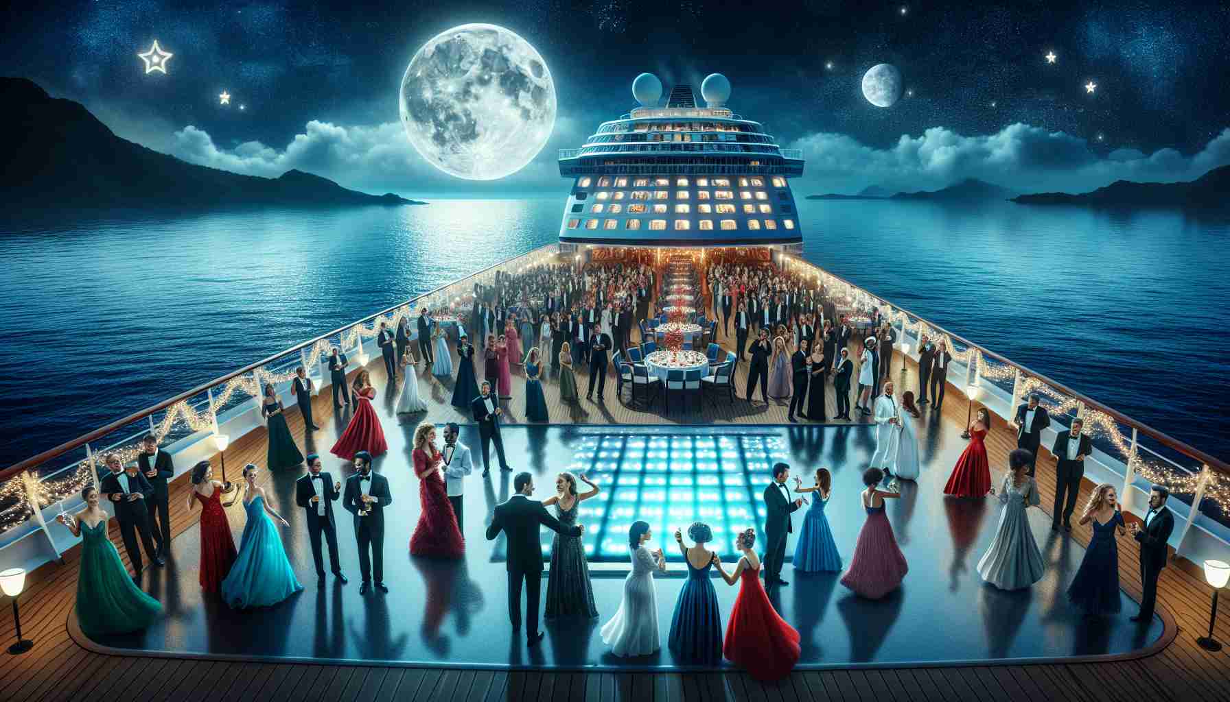 Create a realistic, high-definition image depicting a night to remember on a unique theme cruise experience. Include diverse crowd of people, each representing different genders and descents like Caucasian, Hispanic, Black, Middle-Eastern, and South Asian equally, all dressed in themed outfits, enjoying the festive environment. Show the cruise ship overlooking the moonlit ocean, with lights reflecting on the water surface. Add some details like live music, dance floor, fancy decorations, and a starry sky to symbolize the memorable evening.