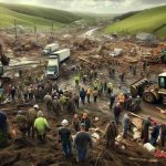 An HD image realistic in style, focusing on a scene of post-severe-storm recovery efforts taking place in the landscape of a county which is characterized by green rolling Hills. Workers of varied descents and gender are busily engaged in tasks like clearing debris, fixing damaged infrastructure, and providing aid. Heavy machinery is visible in the background, while community members are showing resilience and helping each other in the foreground. The air smells of damp earth and you can see the sun peeking through the remnants of storm clouds, promising better days.