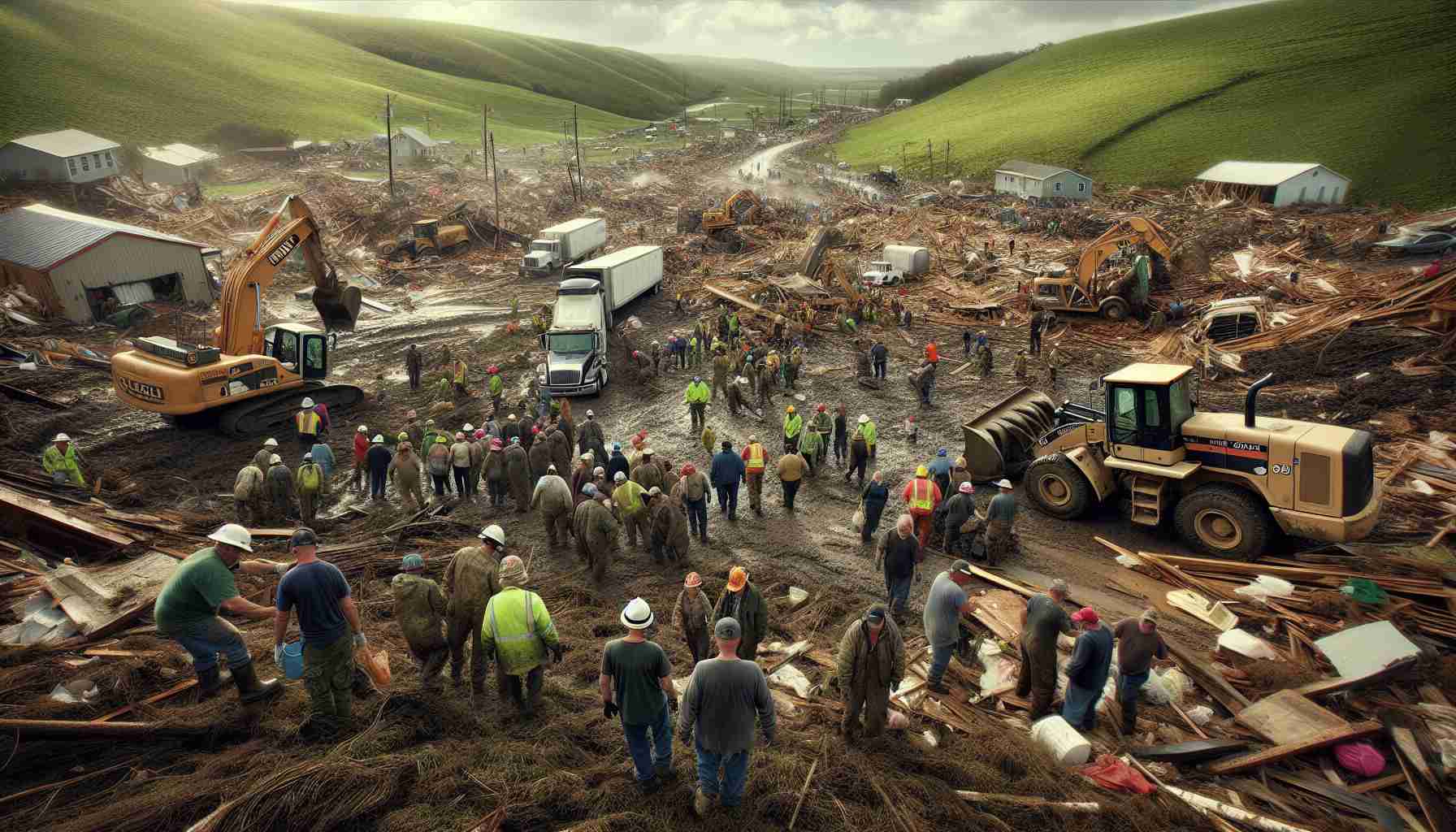 An HD image realistic in style, focusing on a scene of post-severe-storm recovery efforts taking place in the landscape of a county which is characterized by green rolling Hills. Workers of varied descents and gender are busily engaged in tasks like clearing debris, fixing damaged infrastructure, and providing aid. Heavy machinery is visible in the background, while community members are showing resilience and helping each other in the foreground. The air smells of damp earth and you can see the sun peeking through the remnants of storm clouds, promising better days.