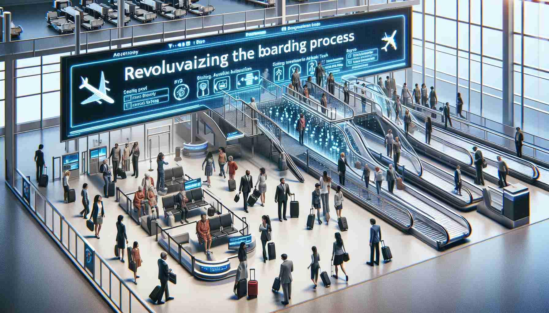 Visualize a high-definition, realistic scenario of revolutionizing the boarding process. Perhaps illustrate a high-tech system in place with screens displaying seating information, or conveyor belts aiding quick baggage handling. Show anonymous passengers of various genders and descents - perhaps an elderly Asian woman, a young Black man, a Middle Eastern family, a White businessman - engaged with the system. Add aspects of modernity - for instance, passengers might use wearable tech for virtual check-ins, while biometrics ensure security. Preserving the fast-paced energy of a bustling airport, yet with a feeling of simplified, efficient operation.