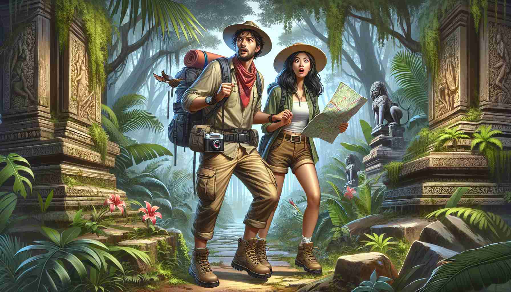 Depict an image in high-definition and a realistic style of an unforeseen adventure encountered by a travelling couple. The couple consists of a South Asian man with a backpack and a Middle Eastern woman holding a map. They should appear surprised, perhaps discovering a hidden passage in a dense jungle, or stumbling upon a forgotten temple amidst ancient ruins. Their attire suggests they're well-prepared for an expedition, complete with hiking boots, cargo pants, and wide-brimmed hats. Incorporate diverse flora and fauna to emphasize the wild, unknowing nature of their journey which reflects the unpredictability of travel.