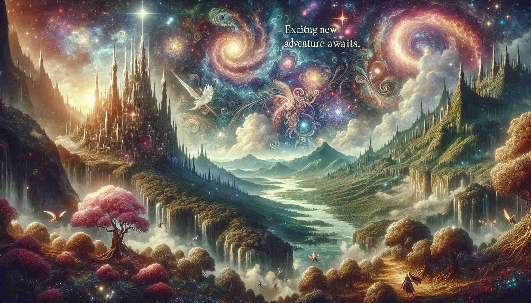 A detailed HD landscape depicting the concept of 'Exciting New Adventure Awaits'. The scene includes a magical realm that gives the feeling of a vast universe filled with numerous celestial bodies, glowing stars, vibrant nebulas, and swirling galaxies. The mystical realm is brimming with enchanting sights such as enchanted forests, arcane towers, and magical creatures roaming about. Imagine stepping into the cover of a vintage fantasy novel, waiting for the thrilling exploration to commence. The atmosphere emanates a sense of extraordinary journeys and incredible adventures that await anyone courageous enough to step in.