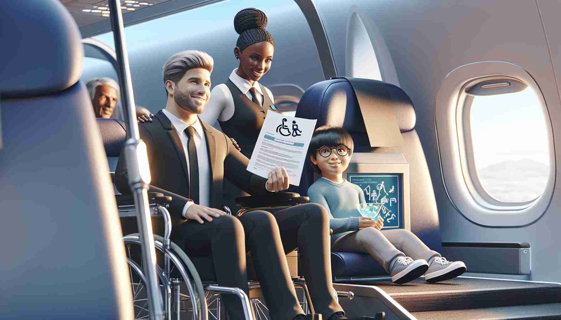 Render a realistic high-definition image that portrays the concept of enhancements in air travel rights for passengers with disabilities. This should feature a diverse range of people. One individual, a Caucasian male, is sitting in a wheelchair and is confidently boarding a plane using an accessible ramp. A Black female flight attendant is kindly assisting him with a smile. The airline's policy document, with clear symbols of accessibility rights, is posted nearby. Also, show a South Asian child with a hearing aid enjoying in-flight entertainment with subtitles. There should be an emphasis on the accessible amenities and inclusive atmosphere.