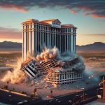 Generate a hyper-realistic, high-definition image of an iconic, unnamed hotel in Las Vegas undergoing destructive implosion with a dust cloud rising, framed against the backdrop of a clear evening sky. As the old structure crumbles, focus on showing signs of bustling construction activity in the surrounding area, symbolizing future growth and development.