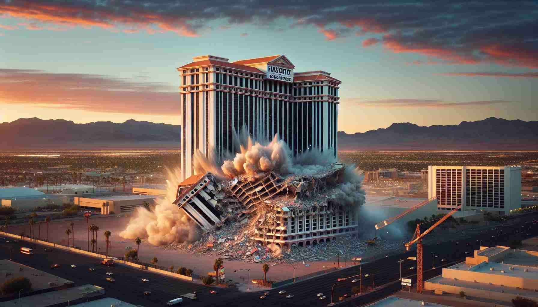 Generate a hyper-realistic, high-definition image of an iconic, unnamed hotel in Las Vegas undergoing destructive implosion with a dust cloud rising, framed against the backdrop of a clear evening sky. As the old structure crumbles, focus on showing signs of bustling construction activity in the surrounding area, symbolizing future growth and development.