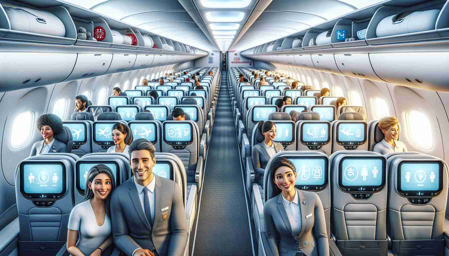 A high-definition, realistic illustration depicting an airborne airplane with happy, content passengers. The interior of the plane is well-lit and clean, showcasing comfortable seats with ample leg room for each passenger, regardless of their physical size or abilities. The flight attendants; a Caucasian man and a Hispanic woman, are demonstrating friendly, attentive service. Overhead compartments are conveniently spacious allowing for efficient storage of carry-on luggage. The aisles are wide, allowing passengers to move freely. Frequently sanitized touchscreen entertainment systems are there for each seat. Visual symbols representing various passenger-friendly policies, such as cabin temperature control, pet allowances, and flexible meal times, are placed throughout the cabin.