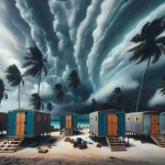 An HD photograph showcasing a variety of emergency shelters established in preparation for an impending tropical storm. The shelters are set up on a beach, a tropical setting with palm trees waving in the breeze. Dark, ominous clouds form the backdrop as the storm approaches over the ocean. You can see the detailed architecture of the shelters, designed to withstand strong winds and torrential rain, with sturdy material and robust reinforcement. The picture should convey a sense of preparedness, resilience, and the human endeavor to face natural disasters, capturing the stark reality of people dealing with a harsh tropical storm.