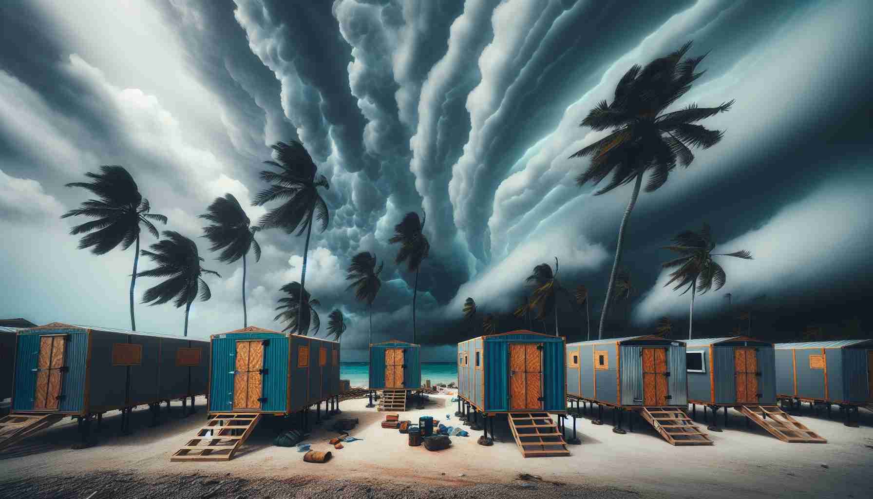 An HD photograph showcasing a variety of emergency shelters established in preparation for an impending tropical storm. The shelters are set up on a beach, a tropical setting with palm trees waving in the breeze. Dark, ominous clouds form the backdrop as the storm approaches over the ocean. You can see the detailed architecture of the shelters, designed to withstand strong winds and torrential rain, with sturdy material and robust reinforcement. The picture should convey a sense of preparedness, resilience, and the human endeavor to face natural disasters, capturing the stark reality of people dealing with a harsh tropical storm.