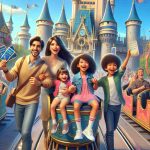 A high definition, realistic image of a family, consisting of a South Asian father, Caucasian mother, Hispanic daughter and Black son, embarking on a fantastical adventure in an enchanting, castle-themed amusement park. Everyone is excited and holding magical express passes in their hands. The scene has vibrant colors, happy crowd around, and ornate details like colorful flags, and picturesque landscapes. It's a sunny day, and the vivid colors of the park's rides and attractions are highlighted under the bright blue sky.