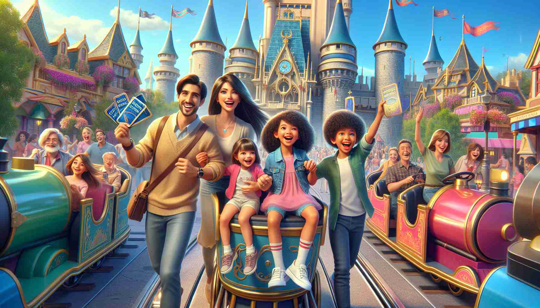 A high definition, realistic image of a family, consisting of a South Asian father, Caucasian mother, Hispanic daughter and Black son, embarking on a fantastical adventure in an enchanting, castle-themed amusement park. Everyone is excited and holding magical express passes in their hands. The scene has vibrant colors, happy crowd around, and ornate details like colorful flags, and picturesque landscapes. It's a sunny day, and the vivid colors of the park's rides and attractions are highlighted under the bright blue sky.