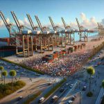 A high-definition, realistic image capturing the impact of labor strikes on port operations in Florida. This should include scenes of idle cranes in the harbor, unmanned cargo ships docked at the port, piles of shipping containers stacked highly, protesters with signs promoting workers rights, and law enforcement maintaining order. The view should pierce into the quintessential Florida landscape, with its clear blue skies, swaying palms, and shining sunlight. It should capture the serenity of the surrounding environment juxtaposed with the unrest at the port.