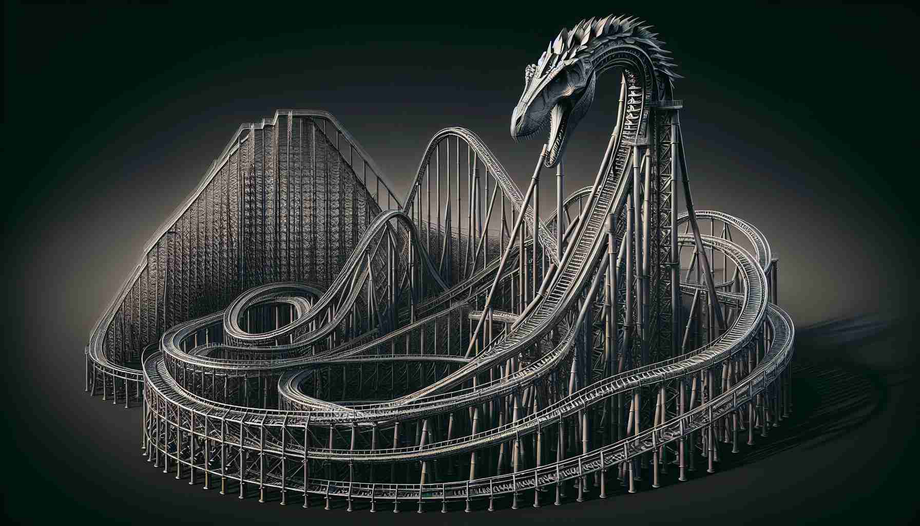 A detailed and high-definition image of a freshly unveiled, state-of-the-art raptor coaster. The roller coaster should be the epitome of modern thrill ride design, with towering peaks, plunging drops, and tear-inducing speeds. The architecture of the roller coaster should distinctively suggest advanced engineering principles, while the theme of the coaster should be noticeably bold and futuristic.