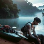 Generate a high-definition, realistic picture of a South Asian teenage male, exhausted but safe, following a night that ended in a kayaking ordeal. He is sitting on the edge of a kayak, placed on the shore of a serene lake, surrounded by dense forest. It's dawn, and the first rays of the morning sun just starting to break through the fog. His clothes are wet and his face shows relief and fatigue.