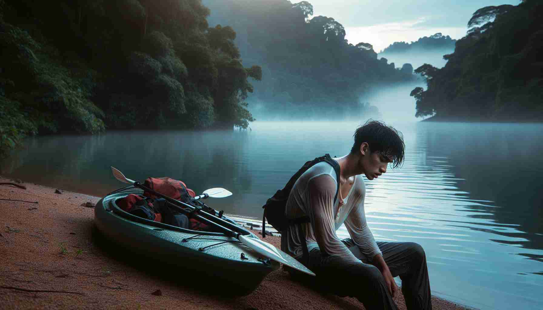 Generate a high-definition, realistic picture of a South Asian teenage male, exhausted but safe, following a night that ended in a kayaking ordeal. He is sitting on the edge of a kayak, placed on the shore of a serene lake, surrounded by dense forest. It's dawn, and the first rays of the morning sun just starting to break through the fog. His clothes are wet and his face shows relief and fatigue.